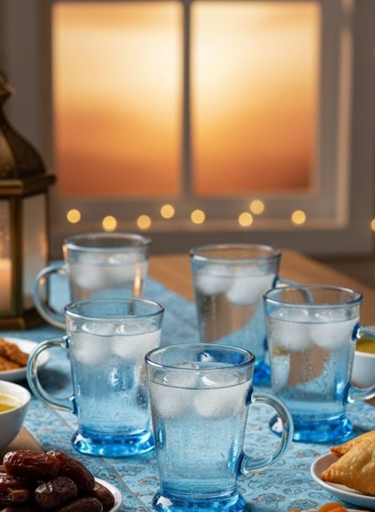 بريميم طقم أكواب شاي زجاجية زرقاء مكوّن من ست قطع بتصميم كلاسيكي - Image 2